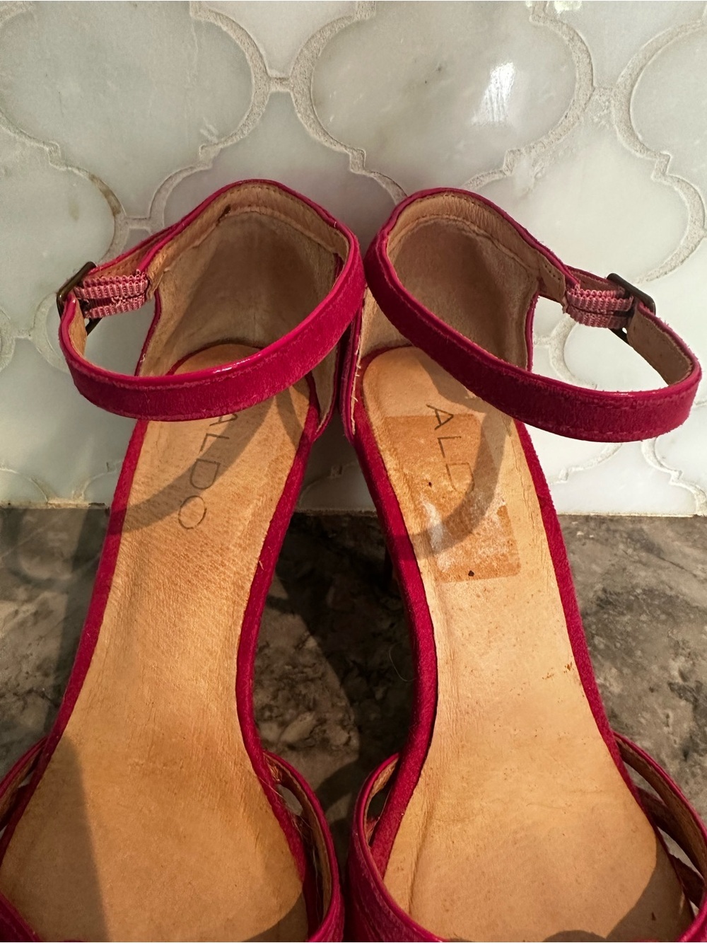 ALDO Fuchsia Suede Ankle-Strap Heels with Heart Accent - Picture 12 of 13